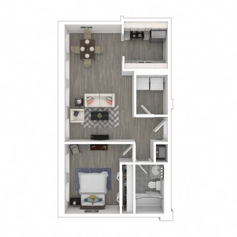 A 3D floor plan of a small apartment with a bedroom, living room, and kitchen.